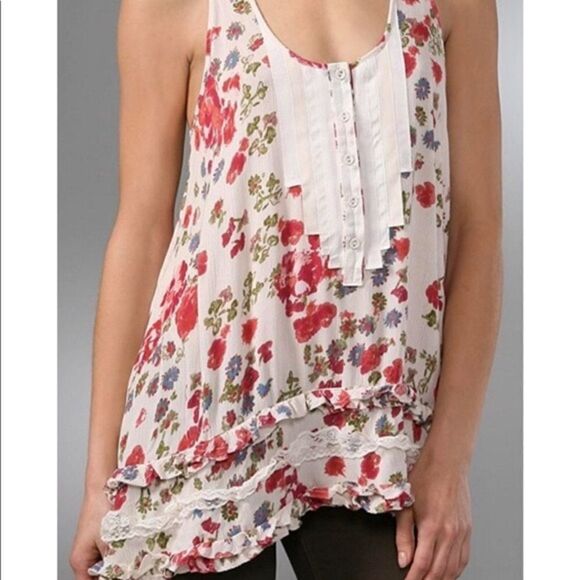 Free People Floral Ruffle Tiered racerback cream with red flowers- Size Small - Picture 1 of 9